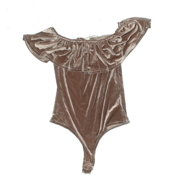 NUDE Velvet Golden Taupe Tan Ruffled off shoulder body suit blouse - Picture 1 of 6